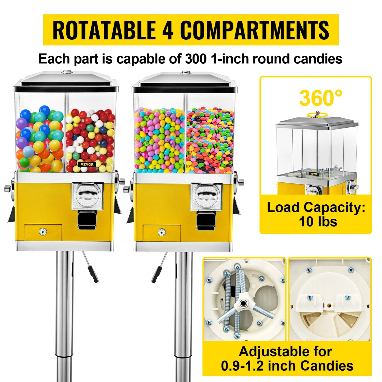 VEVOR-máquina de chicles con soporte, dispensador de dulces de un cuarto, máquina expendedora cuadrada giratoria de cuatro compartimentos, ruedas ajustables