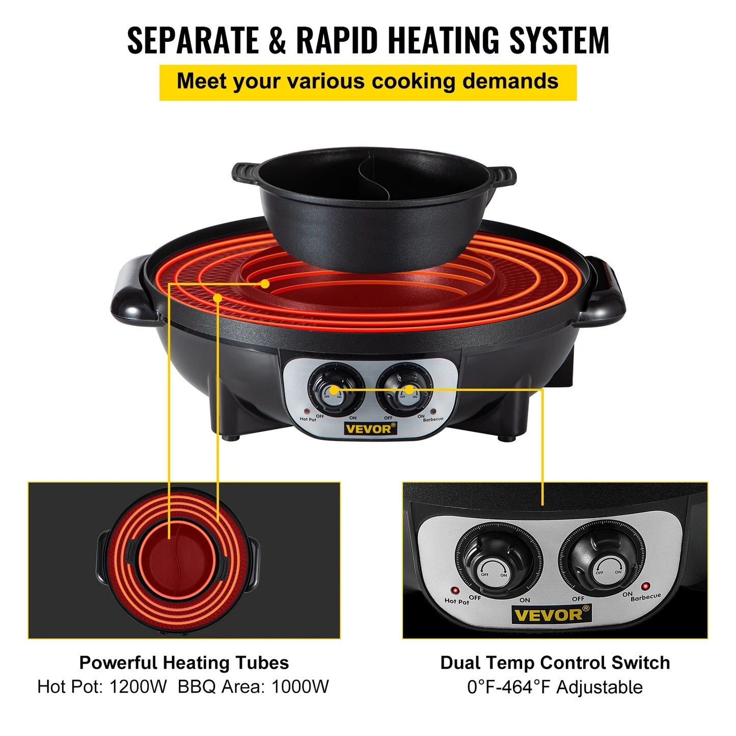 VEVOR-olla eléctrica 2 en 1 para barbacoa, parrilla de barbacoa portátil multifunción de 2200W, olla dividida antiadherente para el hogar, sartén sin humo, sartén para barbacoa