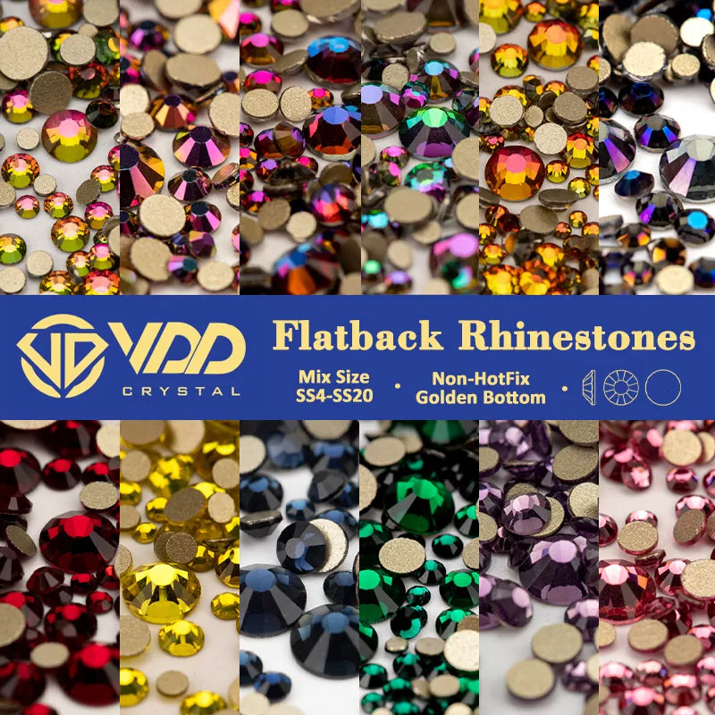 VDD SS4-SS20 Mix Size Clear Crystal Non HotFix Gold FlatBack Rhinestones Decorations DIY Glitter Stones 3D Nail Art Accessories