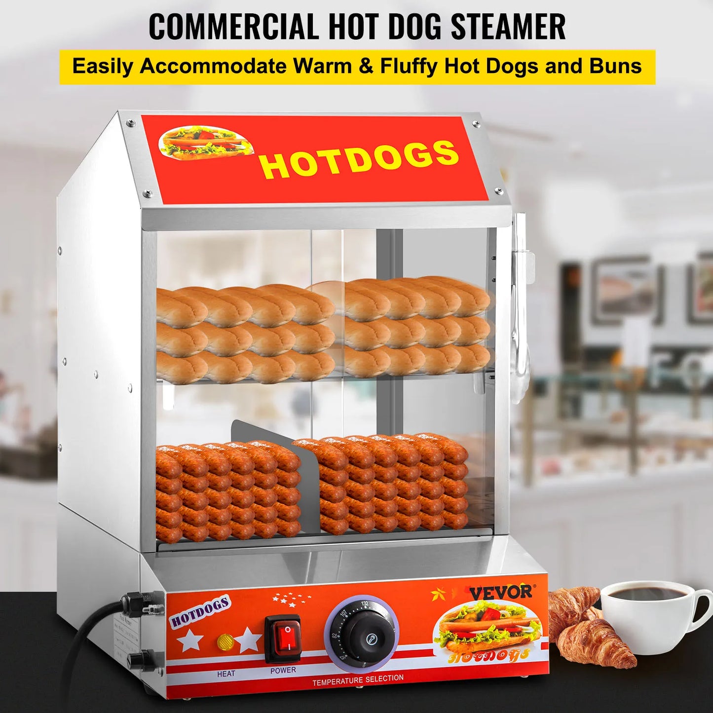 VEVOR 2-Tier Hot Dog Steamer Easy Cleaning Stainless Steel Spacious Electric Bun Warmer Cooker with Tempered Glass Slide Doors