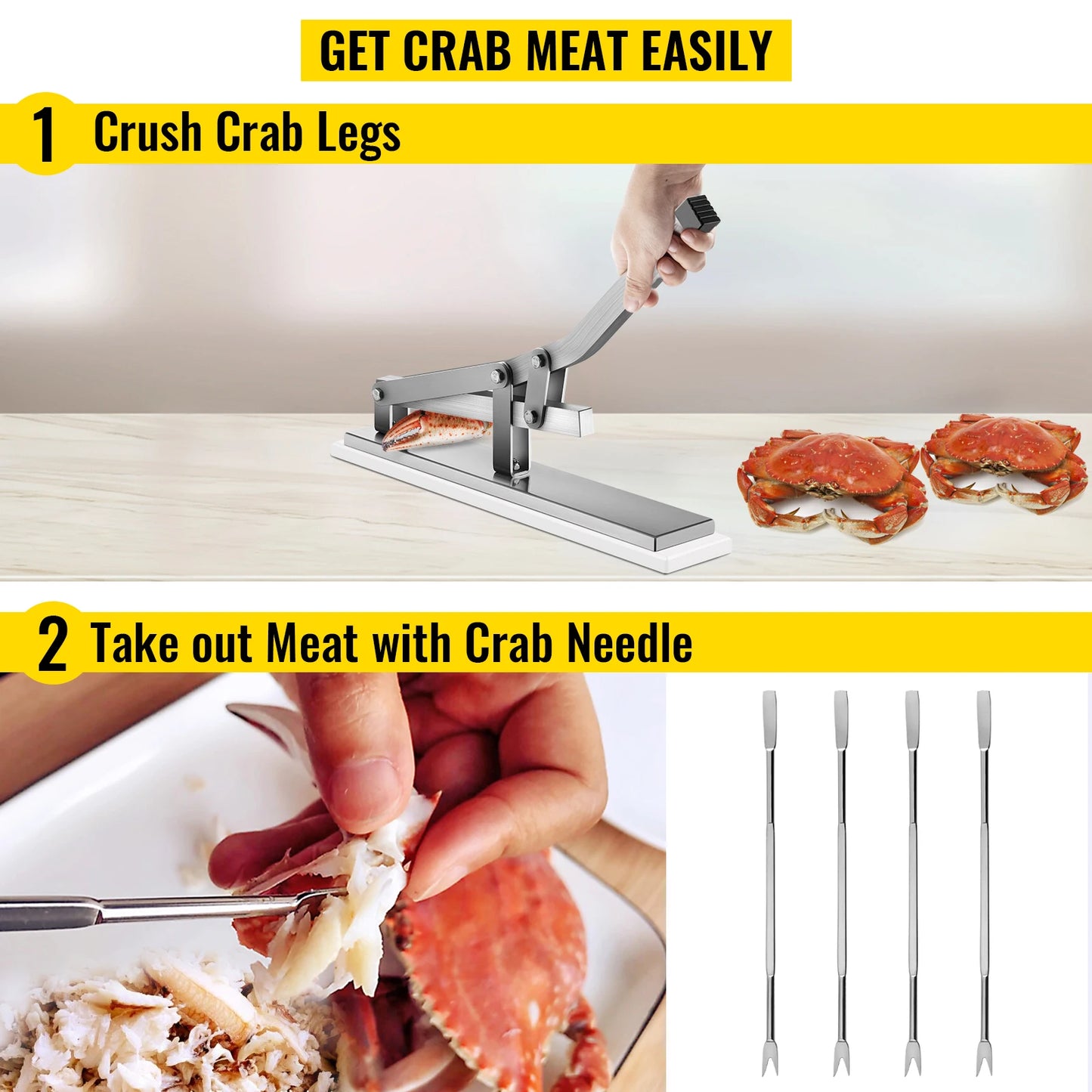 VEVOR Stone Crab Claw Cracker Tools 4 Seafood Forks Aluminium and Stainless Steel Shell Shucker with Nylon Base for Restaurant