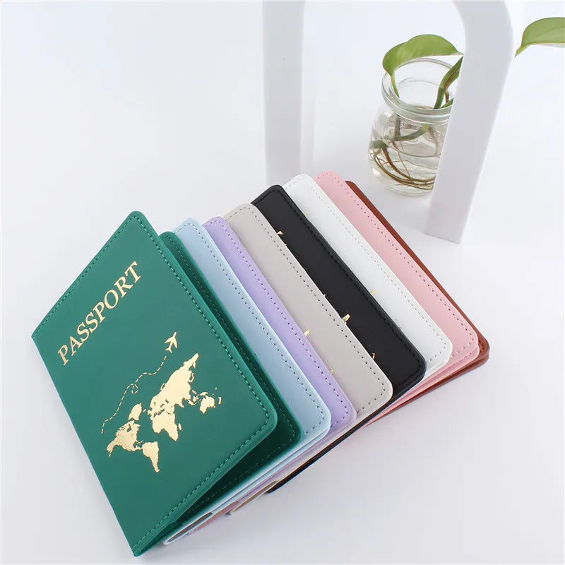 1 Uds. Funda de cuero PU para pasaporte con mapa, tarjetero, billetera de moda, accesorios de viaje ligeros para vuelo para mujeres o hombres