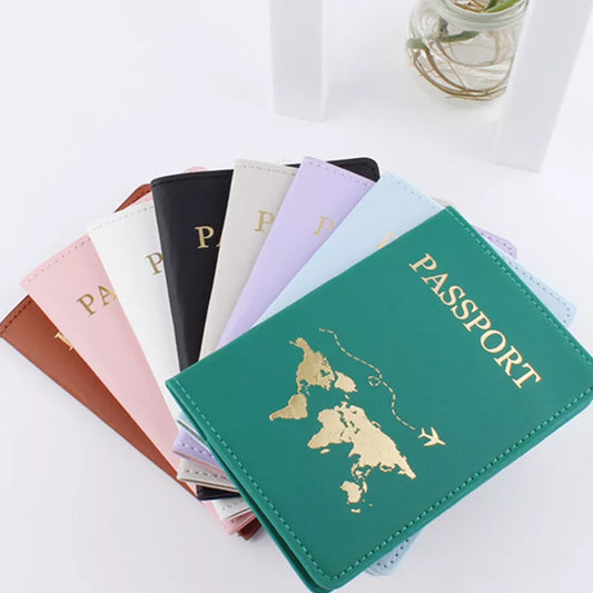 1 Uds. Funda de cuero PU para pasaporte con mapa, tarjetero, billetera de moda, accesorios de viaje ligeros para vuelo para mujeres o hombres