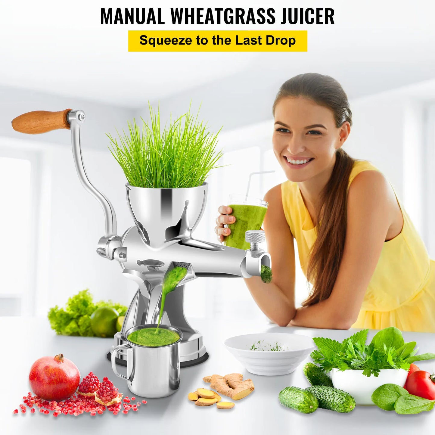 VEVOR Manual Wheatgrass Juicer Stainless Steel W/ Suction Cup Base Table-Top Clamp Extractor for Ginger Celery Home Kitchen Use