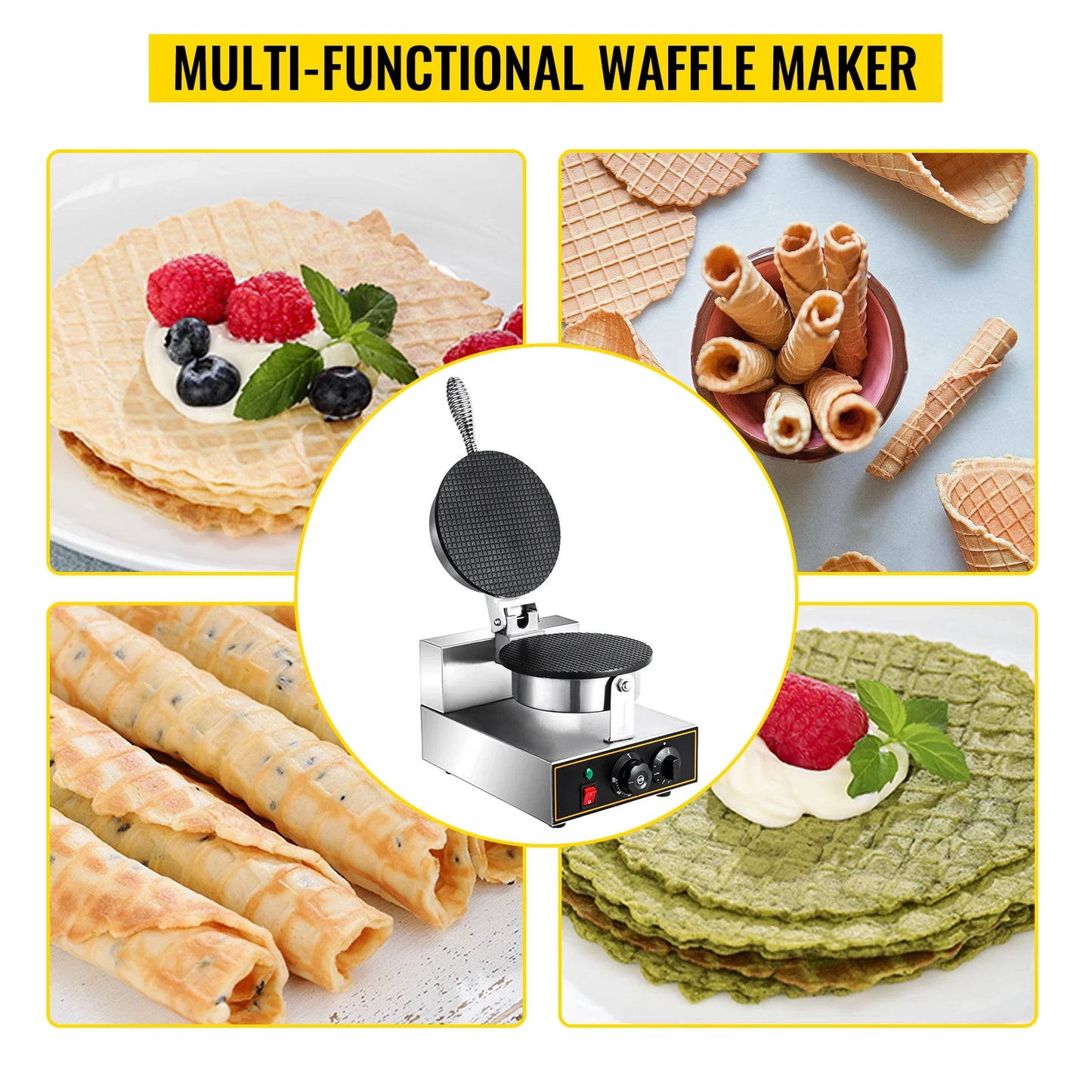 VEVOR Commercial Electric Ice Cream Waffle Cone Maker Nonstick Egg Roll Waffle Cones Bowls Maker waffle iron cone machine