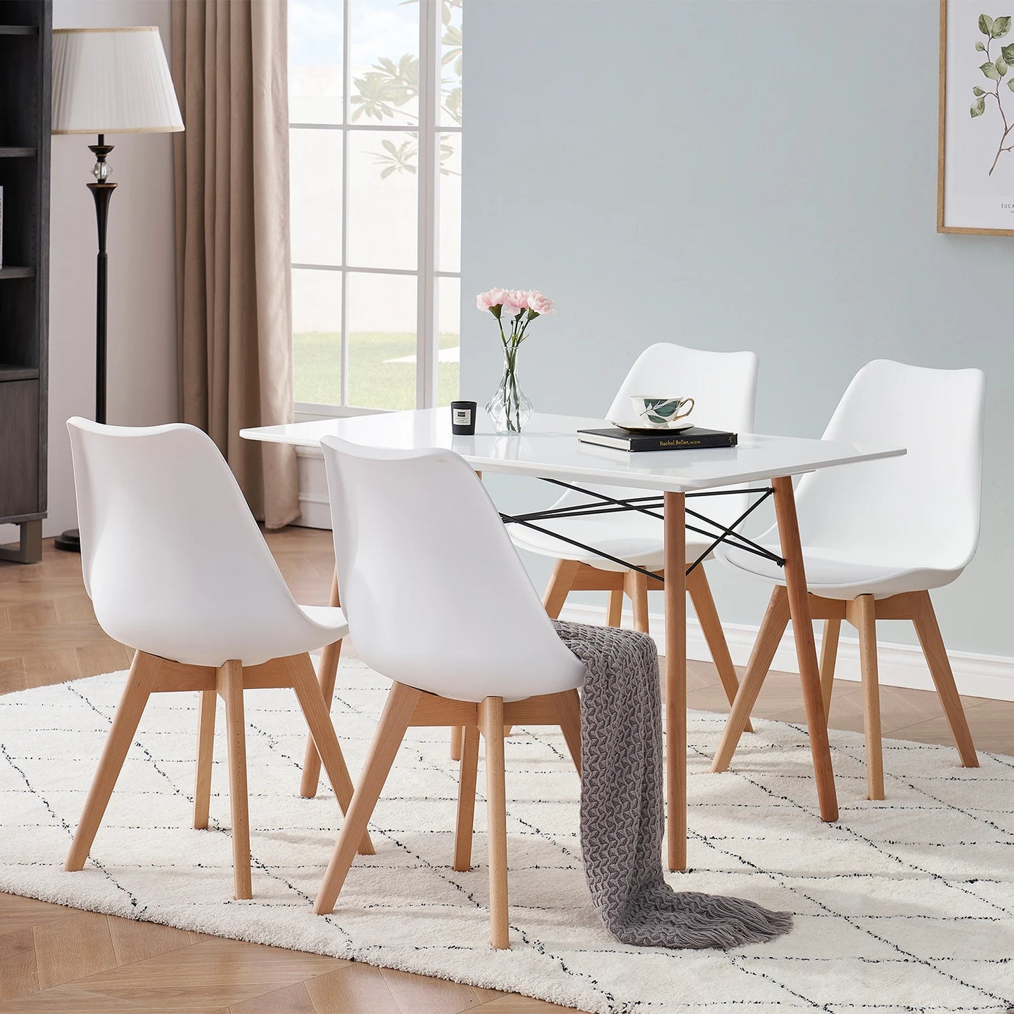 EGOONM Set of 4 Nordic Dining Chairs Inspired Solid Wood Plastic Padded Seat w/ PU Cushion for Living Room Office Furniture Home