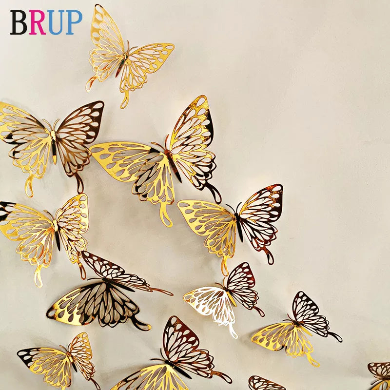 12 unids/lote nuevo 3D hueco dorado plata mariposa pegatinas de pared arte decoraciones para el hogar calcomanías de pared para fiesta boda tienda de exhibición