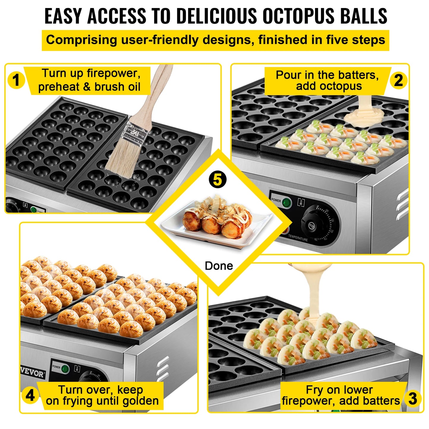 VEVOR 56 Electric Commercial Octopus Fish Ball Takoyaki Maker Double Baking Pan Machine Non Stick Household Grill