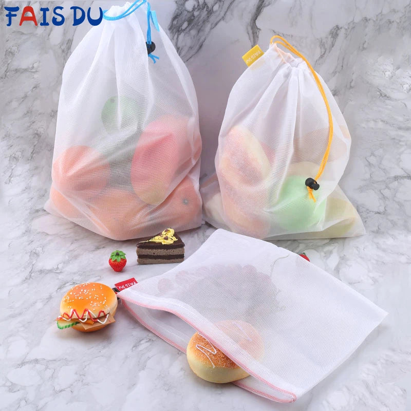 Bolsa reutilizable de malla de 5 uds., organizador de almacenamiento para frutas y verduras, bolsas lavables para el hogar, bolsas de almacenamiento para cocina, artículos de envío gratis