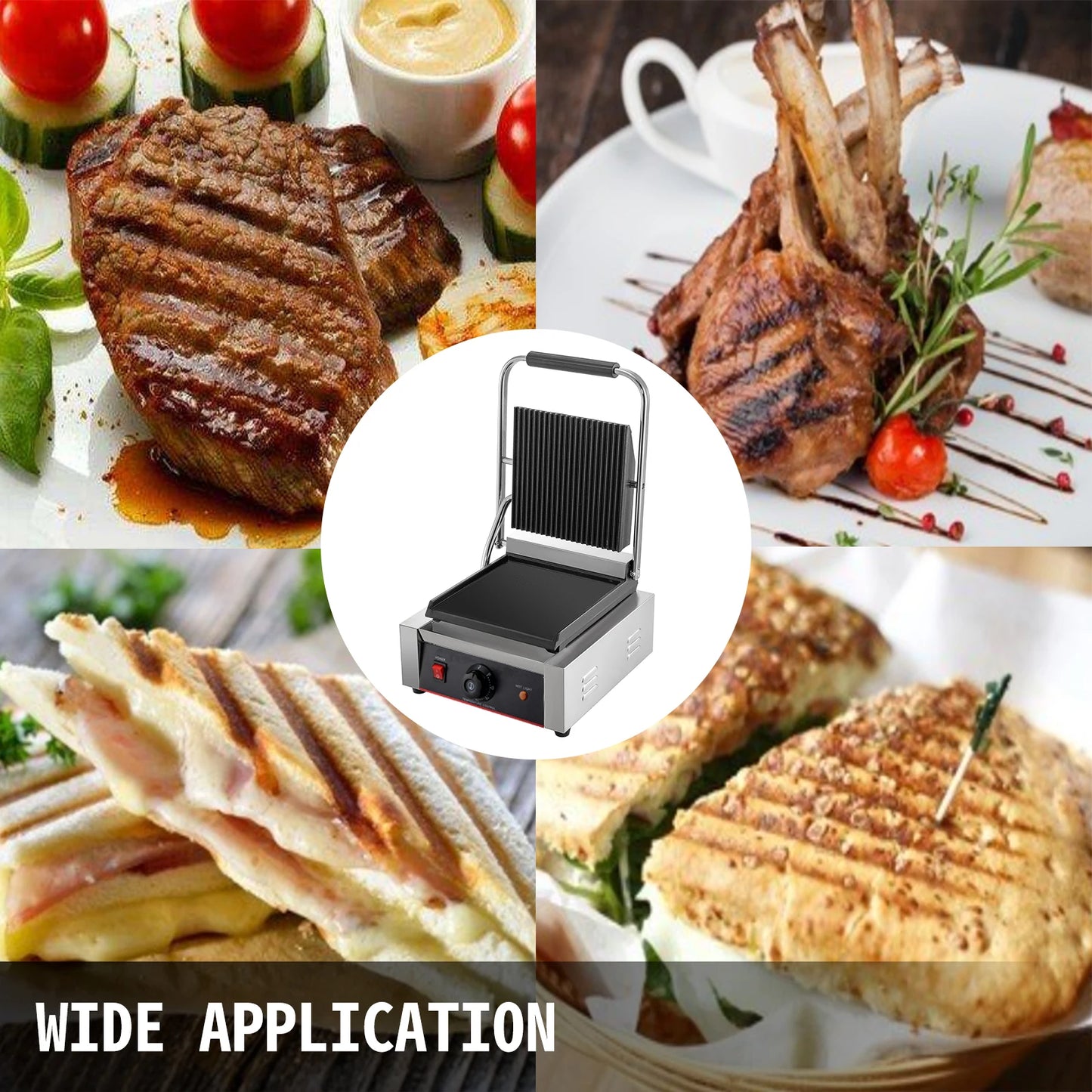 VEVOR Electric Contact Grill Griddle Commercial Panini Press Grill Non-Stick for Outdoor Camping Cooking Sandwiches Steak Meat