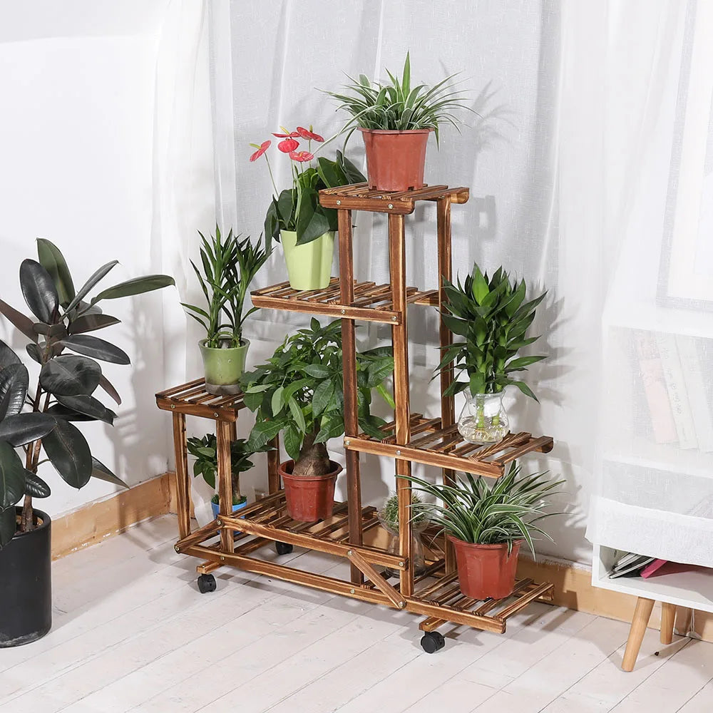 UNHO-soporte de madera para plantas con ruedas, estante de exhibición de flores para plantas rodantes multicapa, estante de almacenamiento móvil para interiores, soporte para exteriores