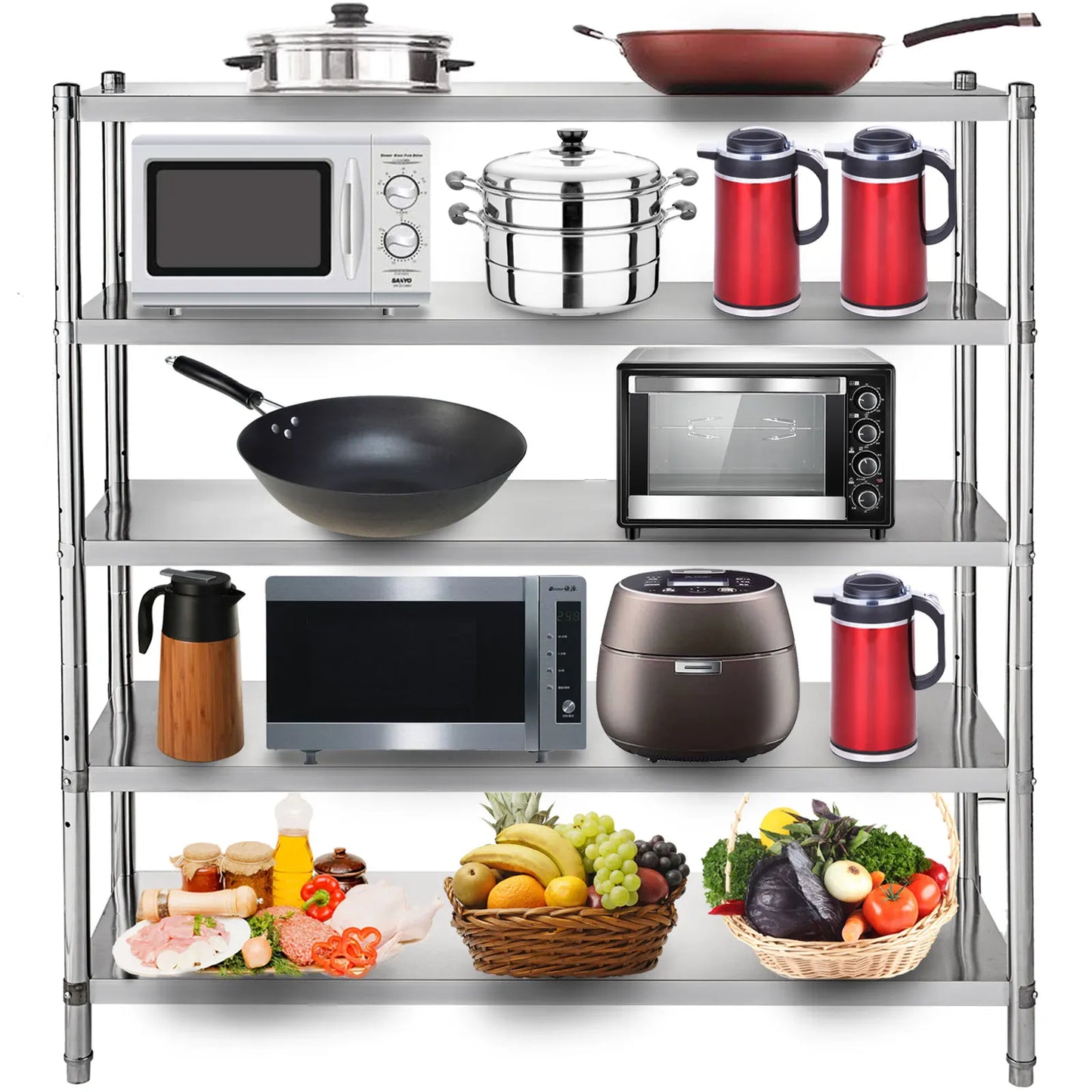 VEVOR 4-Tier 5-Tier Stainless Steel Commercial Storage Rack Shelf for Kitchen Warehouse Garage Storing Kitchenware