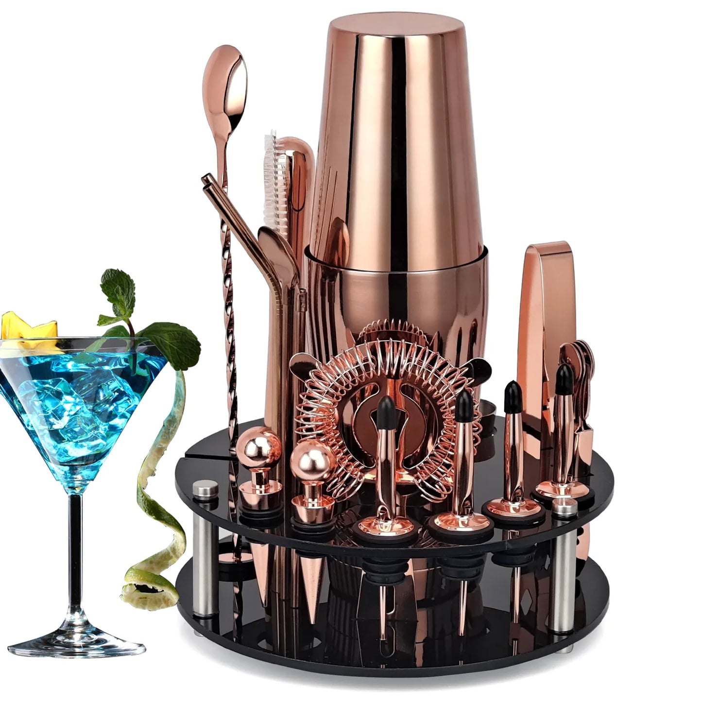 Kit de barman, coctelera de oro rosa de 20 piezas con soporte acrílico giratorio, para bebidas mixtas, herramientas de Bar para el hogar Martini