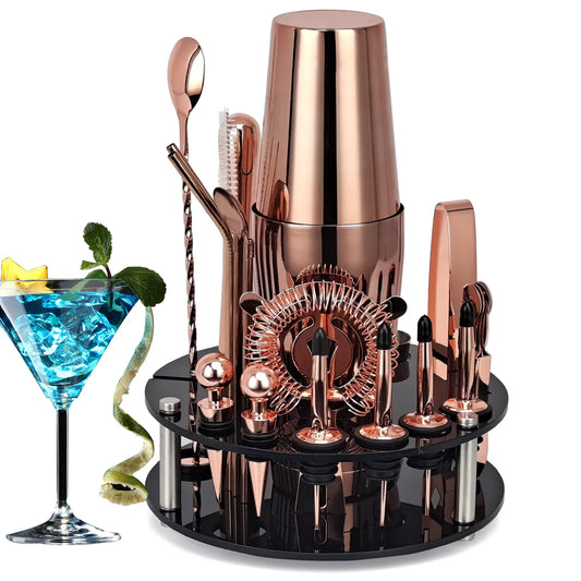 Kit de barman, coctelera de oro rosa de 20 piezas con soporte acrílico giratorio, para bebidas mixtas, herramientas de Bar para el hogar Martini