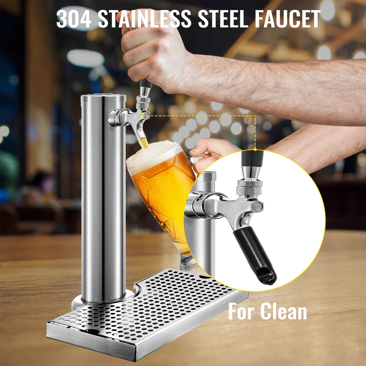 VEVOR Homebrew Beer Tower One Way Faucet with Drip Tray Stainless Steel Single Tap Column Wine Drink Dispenser Bar Accessories