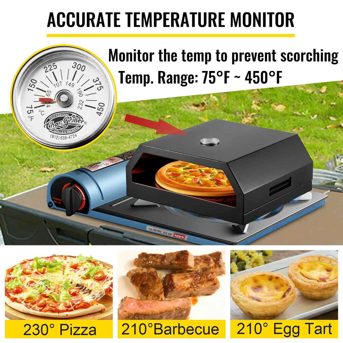 VEVOR 12" Outdoor Pizza Oven Making Machine Stainless Steel Temperature Range From 75-450℉ for Beach Parties Camping Commercial