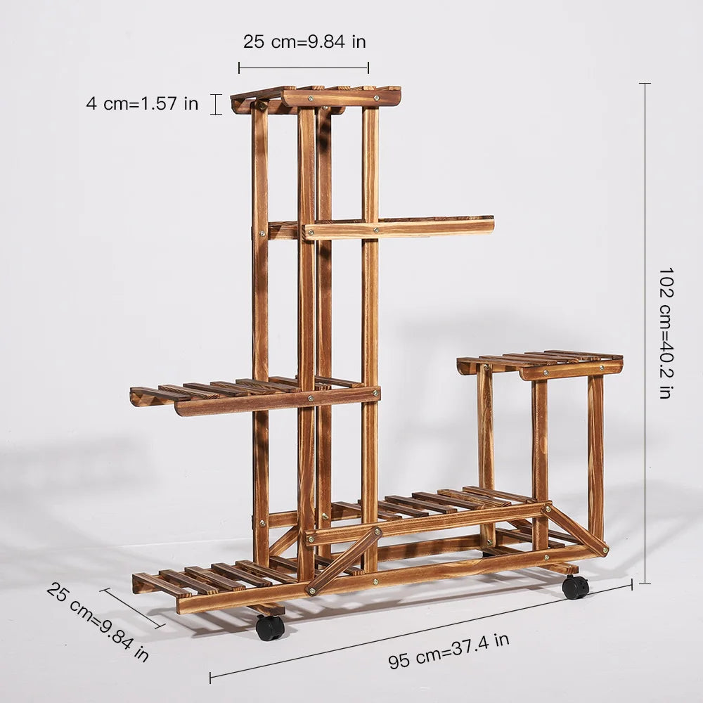 UNHO-soporte de madera para plantas con ruedas, estante de exhibición de flores para plantas rodantes multicapa, estante de almacenamiento móvil para interiores, soporte para exteriores