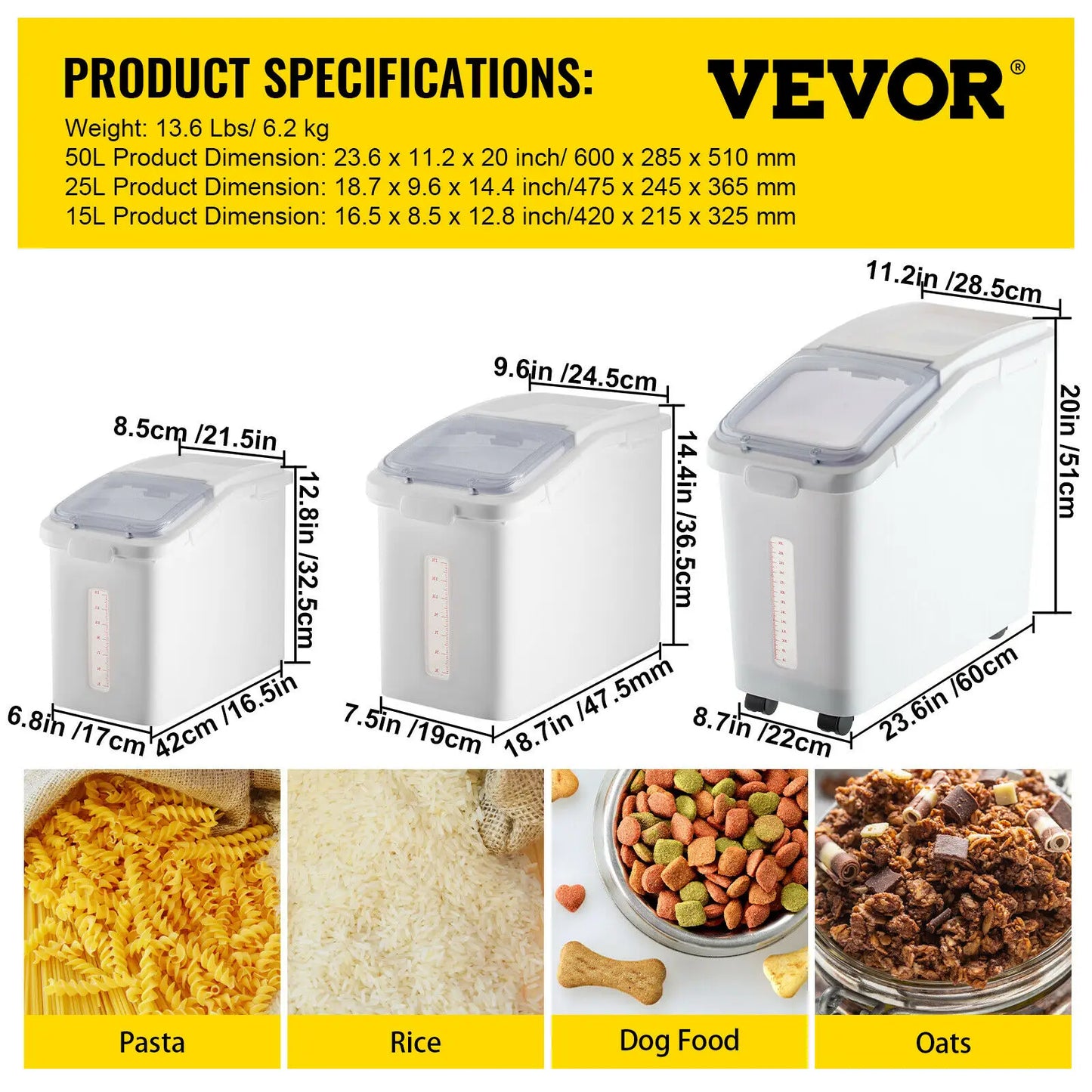 VEVOR Multi-Size Dry Ingredient Storage Bin with Shovel Caster Dustproof Healthy Soybeans Restaurant Kitchen Commercial Home Use