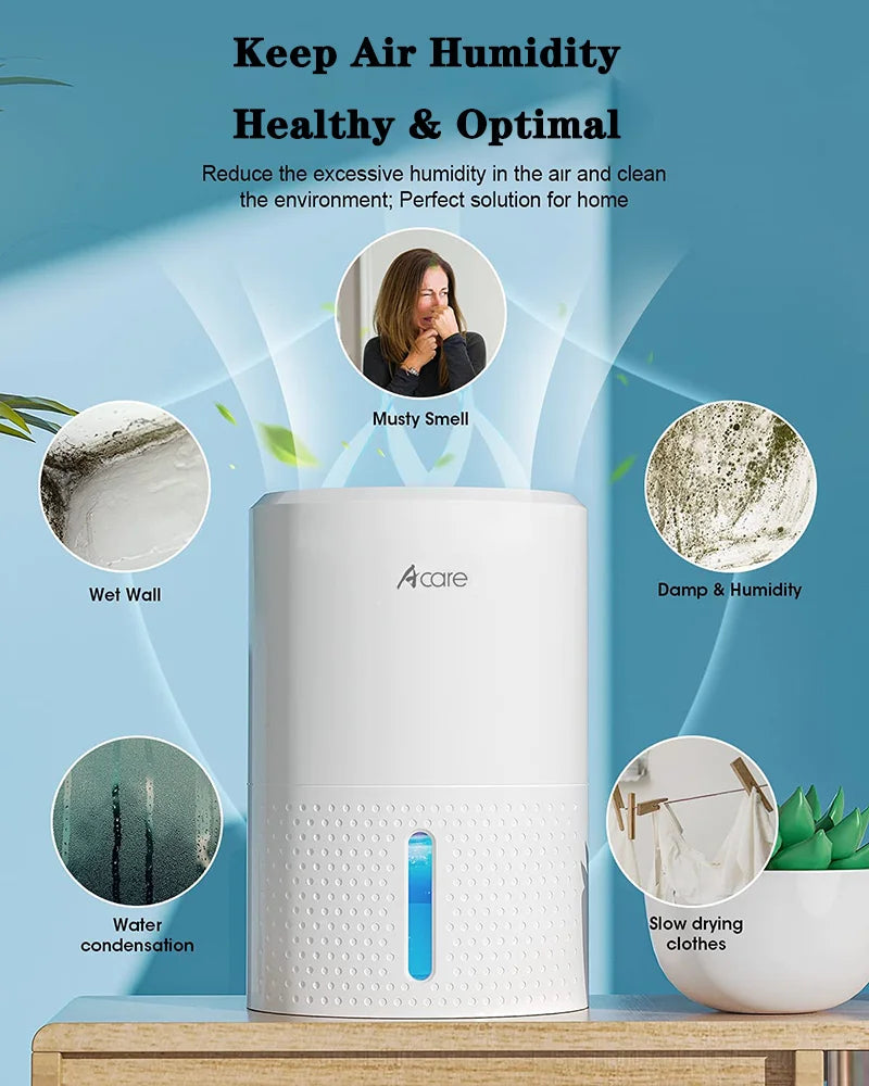 Acare Déshumidificateur Absorbeurs d'humidité Sécheur d'air avec réservoir d'eau de 900 ml Déshumidificateur d'air Silencieux pour la Maison sous-Sol Salle de Bain Armoire