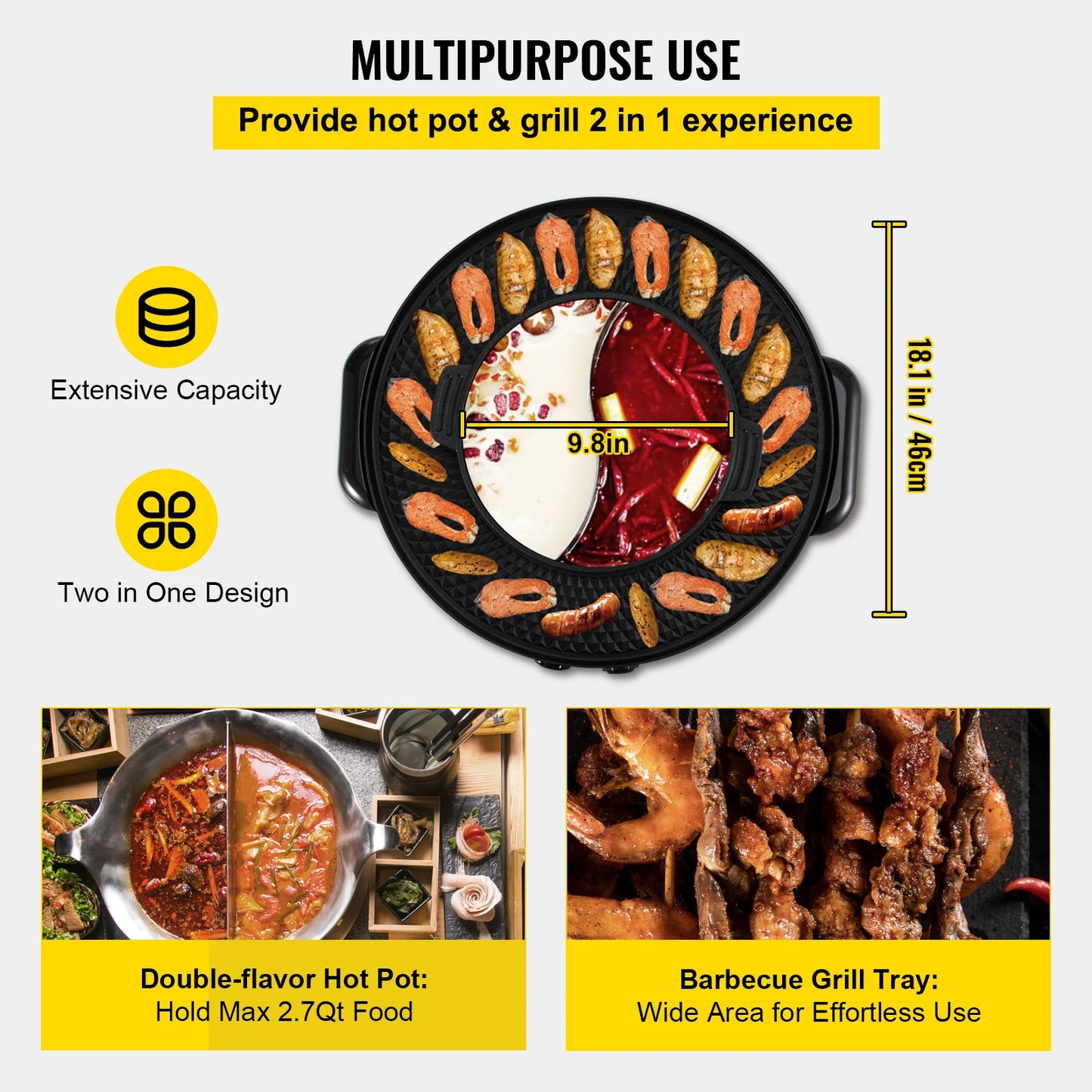 VEVOR-olla eléctrica 2 en 1 para barbacoa, parrilla de barbacoa portátil multifunción de 2200W, olla dividida antiadherente para el hogar, sartén sin humo, sartén para barbacoa