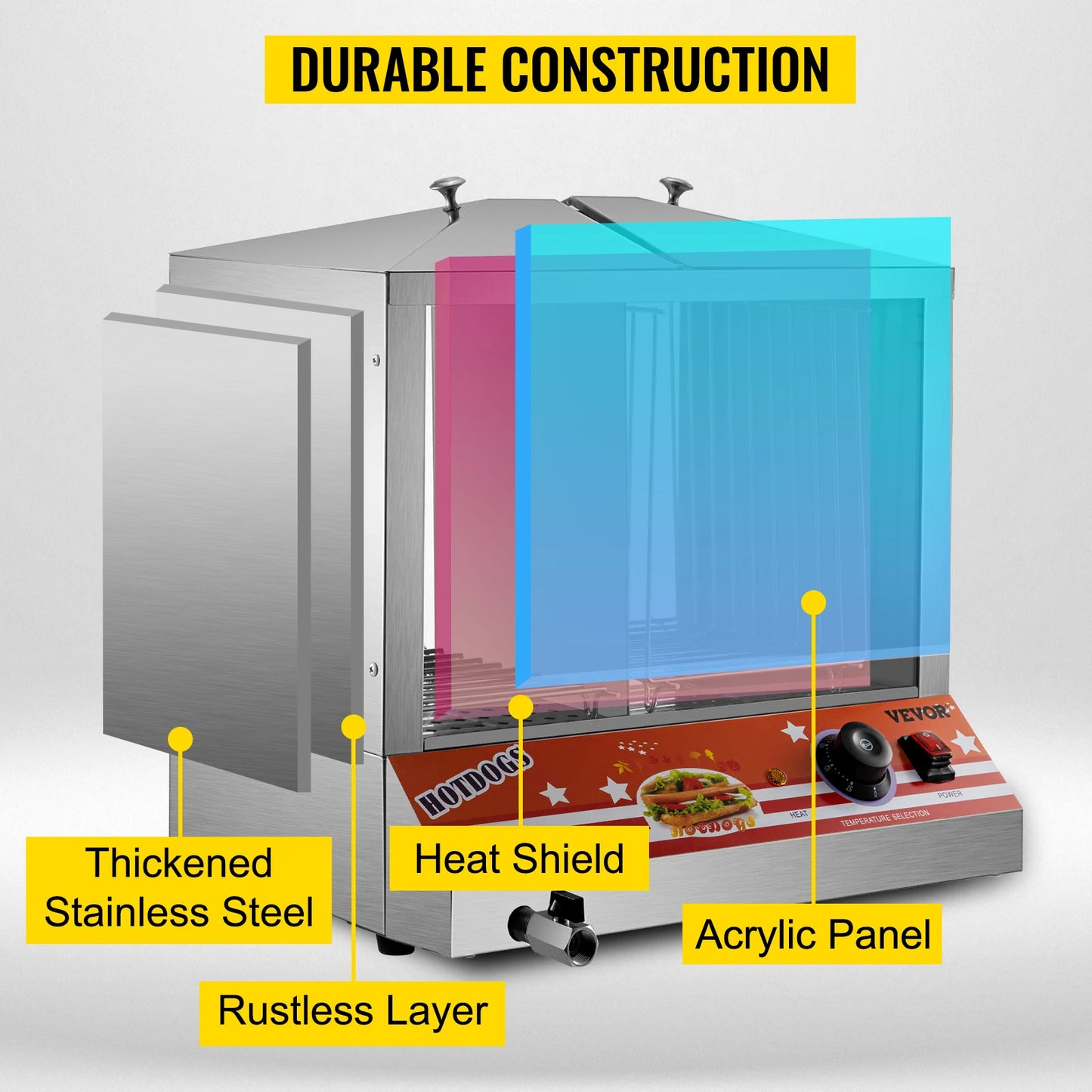 VEVOR-vaporizador para perros calientes de 2 niveles, cocina eléctrica espaciosa de acero inoxidable de fácil limpieza con puertas corredizas de vidrio templado