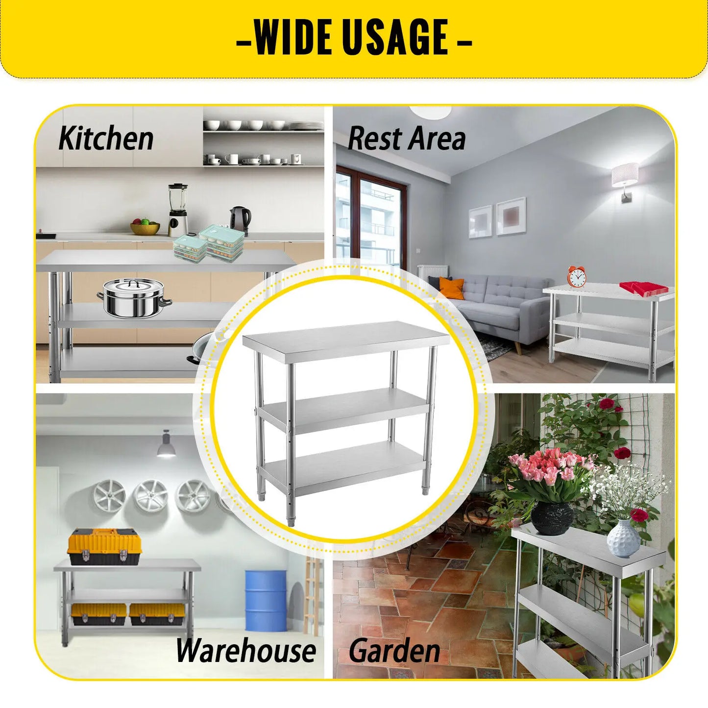 VEVOR – Table de travail en acier inoxydable, étagère de rangement, cuisine commerciale, préparation des aliments avec Installation pour projets domestiques, cafétéria, hôtel