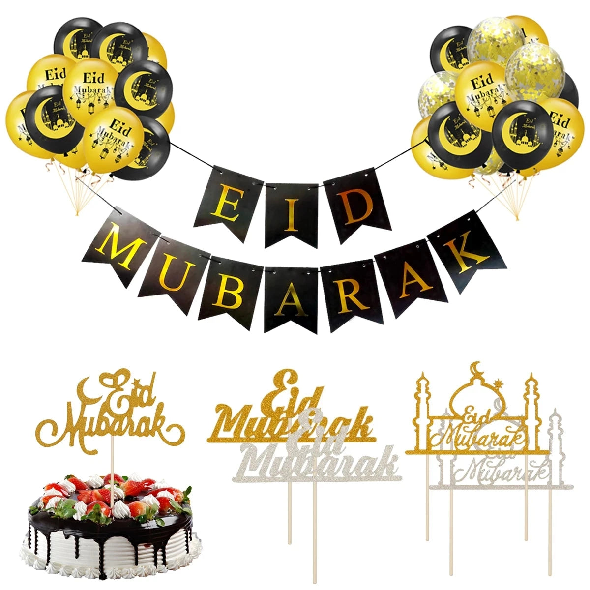 Platos de Eid Mubarak, pancarta con globos, vajilla, decoración de Ramadán, decoración de fiesta musulmana islámica de Ramadán Kareem, regalos de Eid Al Adha 2024