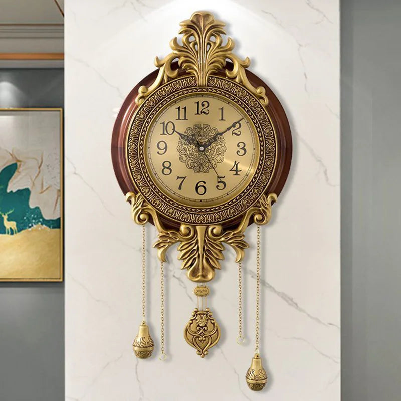 American Solid Wood Silent Swing Wall Clock Living Room European-style Metal Creative Decoration Large Quartz Clock Pendulum