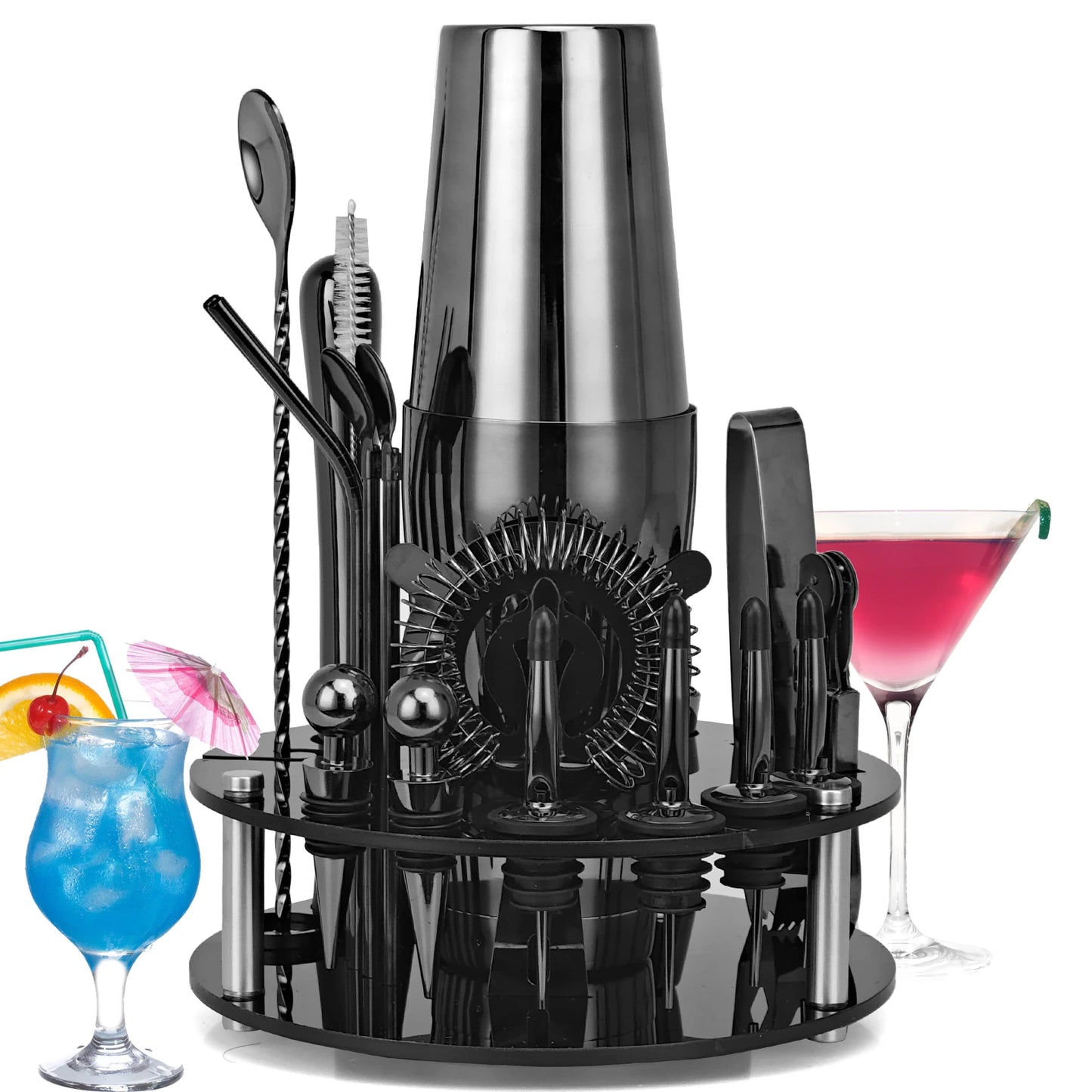 Kit de barman, ensemble de 20 shakers à Cocktail en or Rose avec support rotatif en acrylique, pour boissons mixtes, outils de Bar à domicile Martini