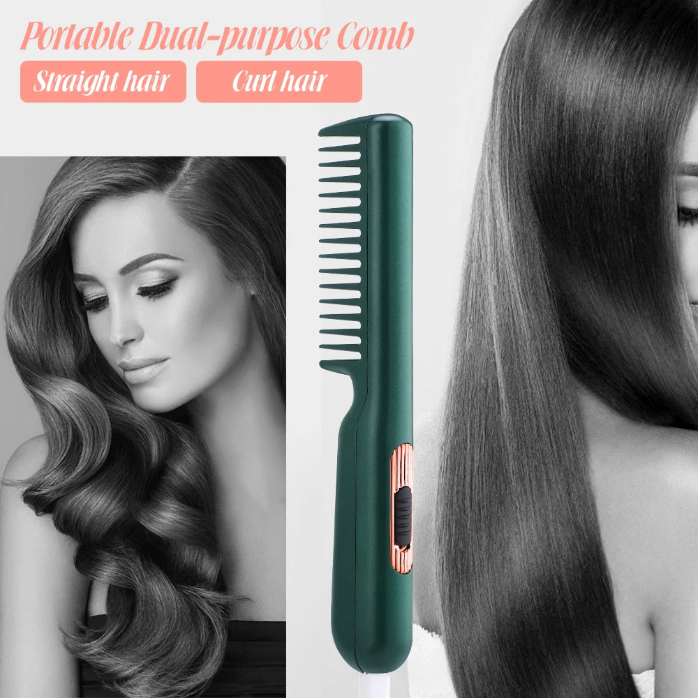 Electric Hair Straightening Brush Rotating 2 in 1 Professional Mini Hair Straightener Curler Smoothing Comb Iron for Hair Styler