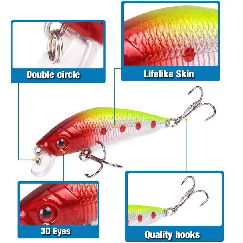 Aorace Minnow leurre de pêche 70mm 8g 3D yeux manivelle wobbler artificiel en plastique dur appât matériel de pêche