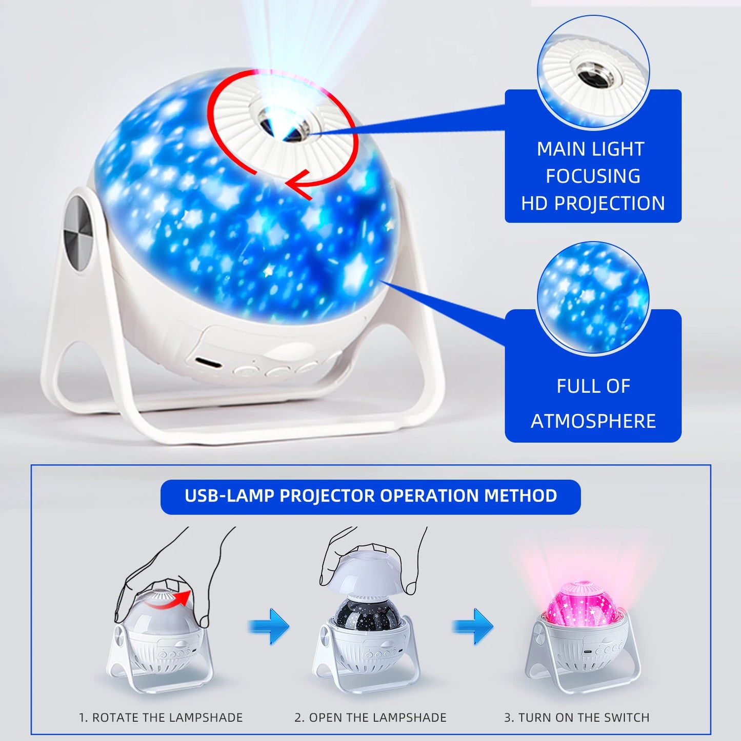 LED Star Projector Night Light 6 in 1 Planetarium Projectionr Galaxy Starry Sky Projector Lamp USB Rotating Night Lights 우주 무드등