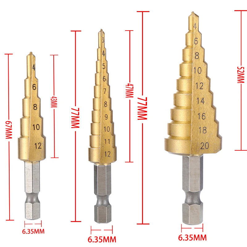 4-32 mm 4-20 mm HSS Broca escalonada recubierta de titanio Herramienta de perforación cónica cortadora de agujeros de madera y metal de acero de alta velocidad