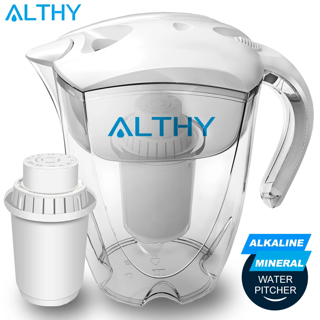 ALTHY Filtro de jarra de agua alcalina mineral de 3,5 L - Filtros de larga duración de 400 L - Sistema de filtración purificador alcalinizador + pH -ORP