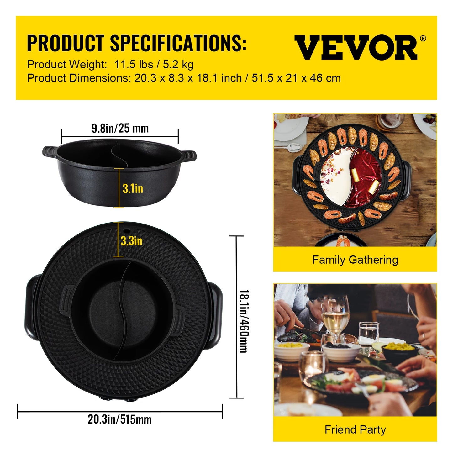 VEVOR-olla eléctrica 2 en 1 para barbacoa, parrilla de barbacoa portátil multifunción de 2200W, olla dividida antiadherente para el hogar, sartén sin humo, sartén para barbacoa