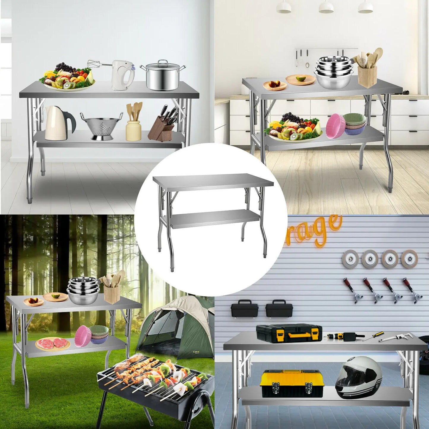 VEVOR – Table de cuisine ouverte professionnelle pliante en acier inoxydable, à simple ou Double étagère, rangement facile pour la préparation du travail et le commerce à domicile