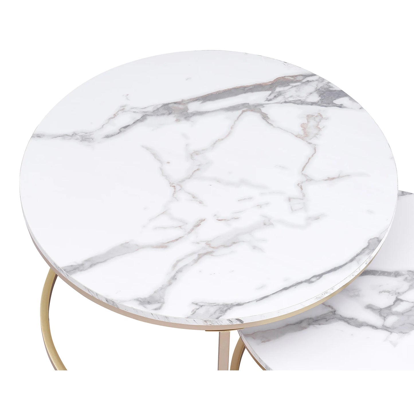 Mesa de centro con textura de mármol para sala de estar, sofá, mesa de té redonda lateral, muebles combinados 2 en 1, color blanco dorado, 2 uds.