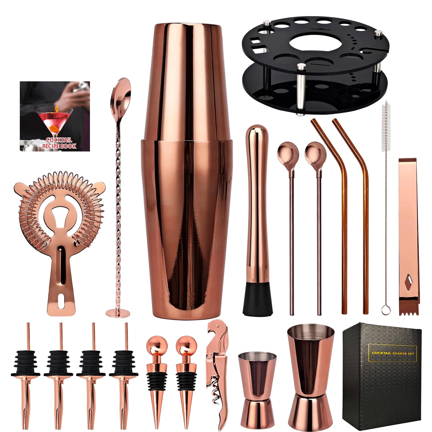 Kit de barman, coctelera de oro rosa de 20 piezas con soporte acrílico giratorio, para bebidas mixtas, herramientas de Bar para el hogar Martini