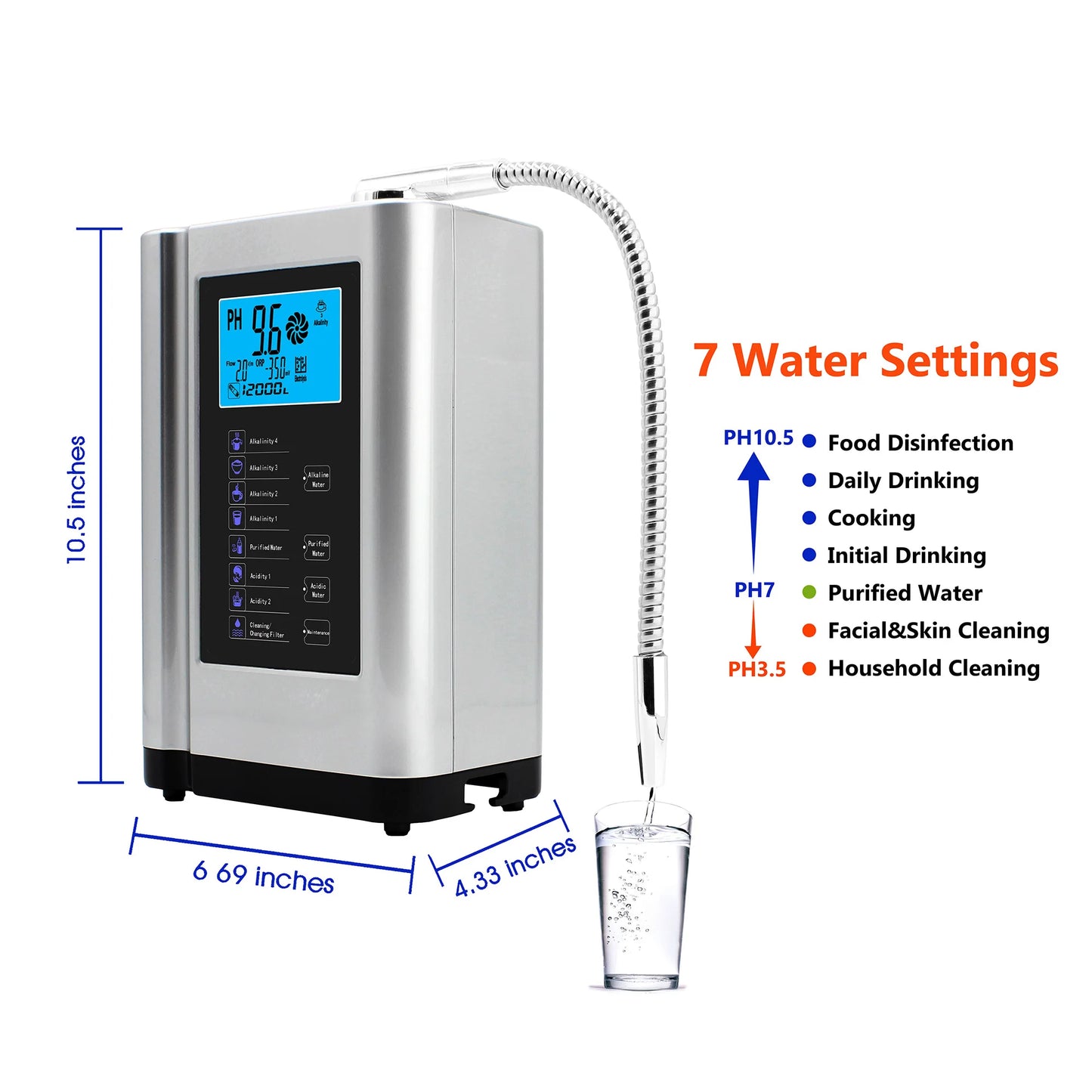 Alkaline Water Ionizer hydrogen generator Machine Purifier,Produces pH 3.5-10.5 Alkaline Acid water Water Filter system for Home