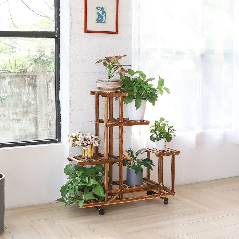 UNHO support de plante en bois avec roues multi-couche roulant plante fleur présentoir intérieur mobile stockage support étagères extérieur fo