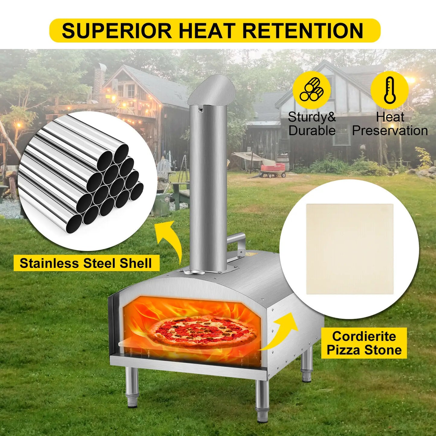 VEVOR-horno de Pizza portátil de 12 pulgadas, horno de leña de acero inoxidable de calidad alimentaria para barbacoa al aire libre, Picnics, hornear Pizza, pan, camarones y salchichas