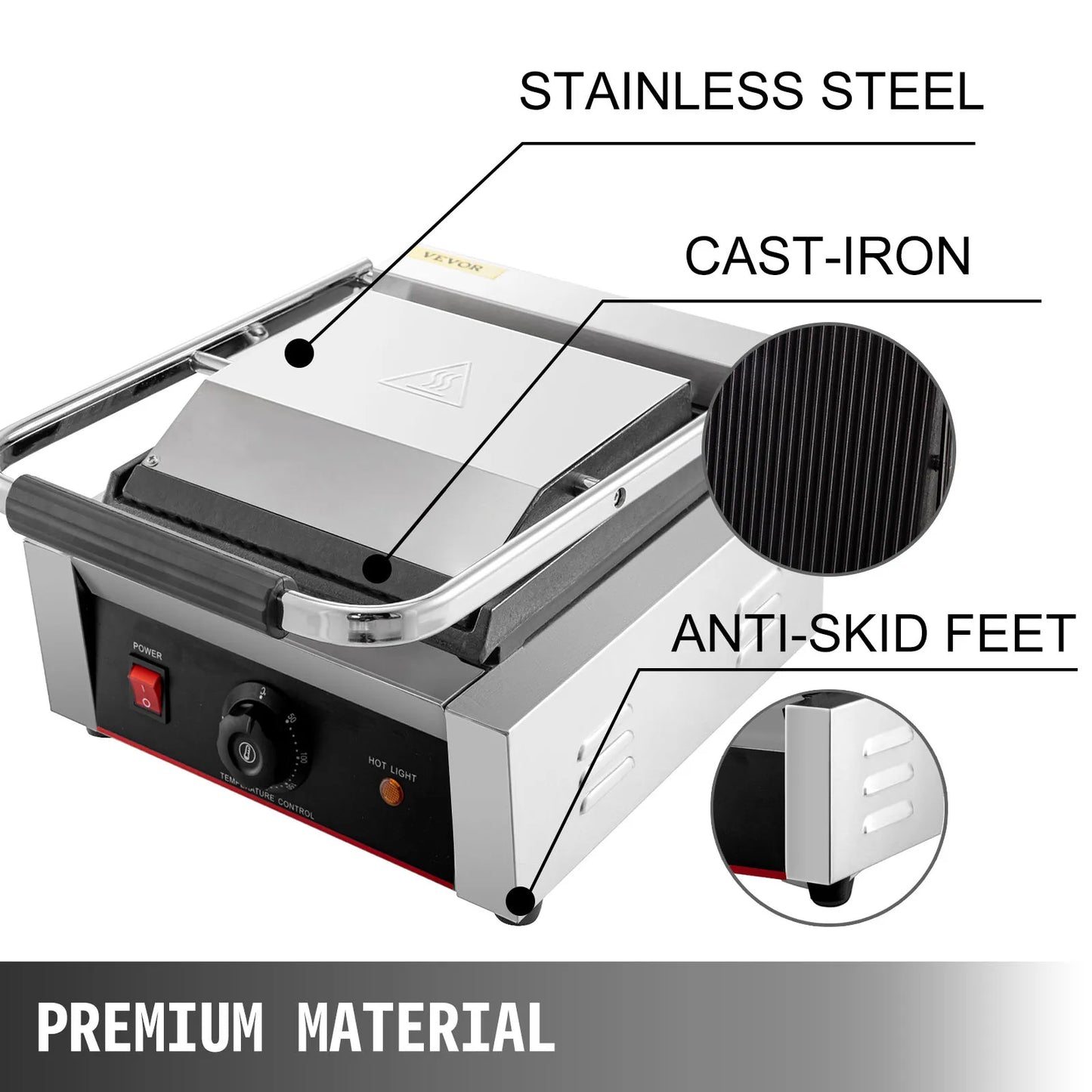 VEVOR-Parrilla de contacto eléctrica, plancha comercial Panini, parrilla antiadherente para cocina de acampada al aire libre, sándwiches, carne y carne