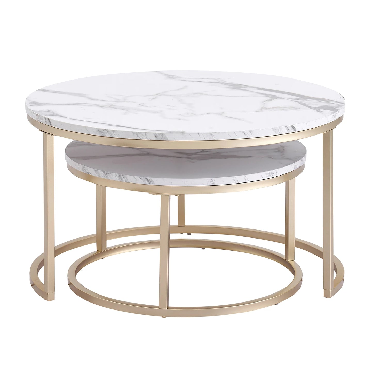 Mesa de centro con textura de mármol para sala de estar, sofá, mesa de té redonda lateral, muebles combinados 2 en 1, color blanco dorado, 2 uds.