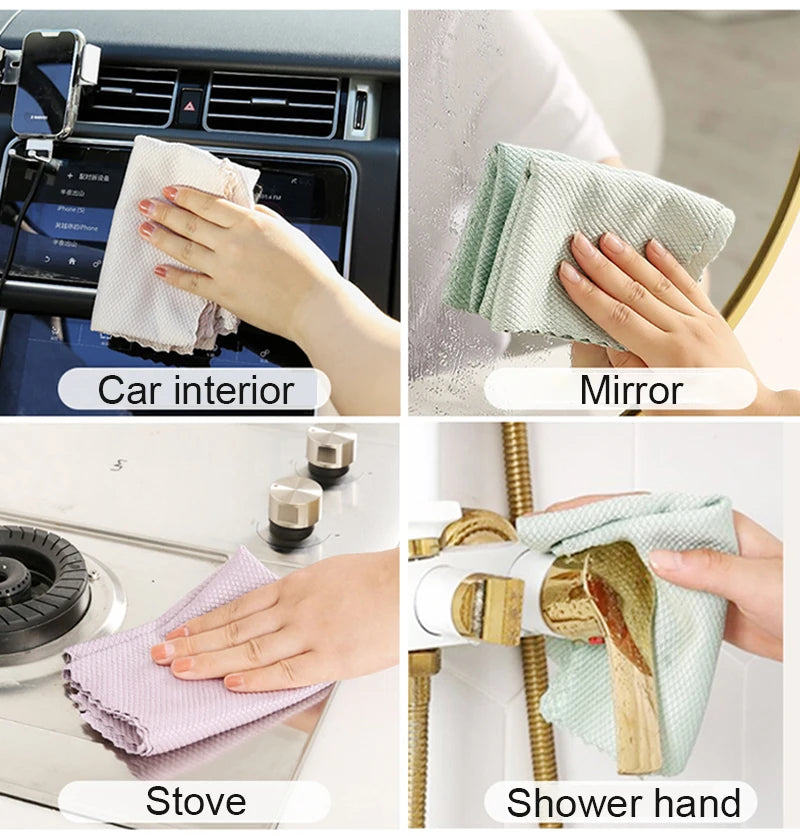 10pcs Microfiber Glass Cleaning Cloth Rag Lint-Free For Windows Car Kitchen Mirror No Trace Reusable Fish Scale Rag Polishing