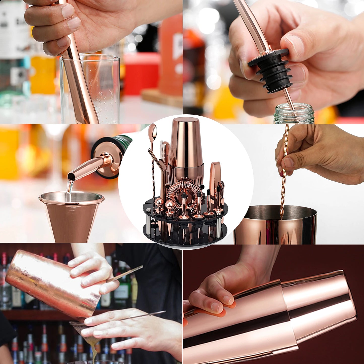 Kit de barman, ensemble de 20 shakers à Cocktail en or Rose avec support rotatif en acrylique, pour boissons mixtes, outils de Bar à domicile Martini