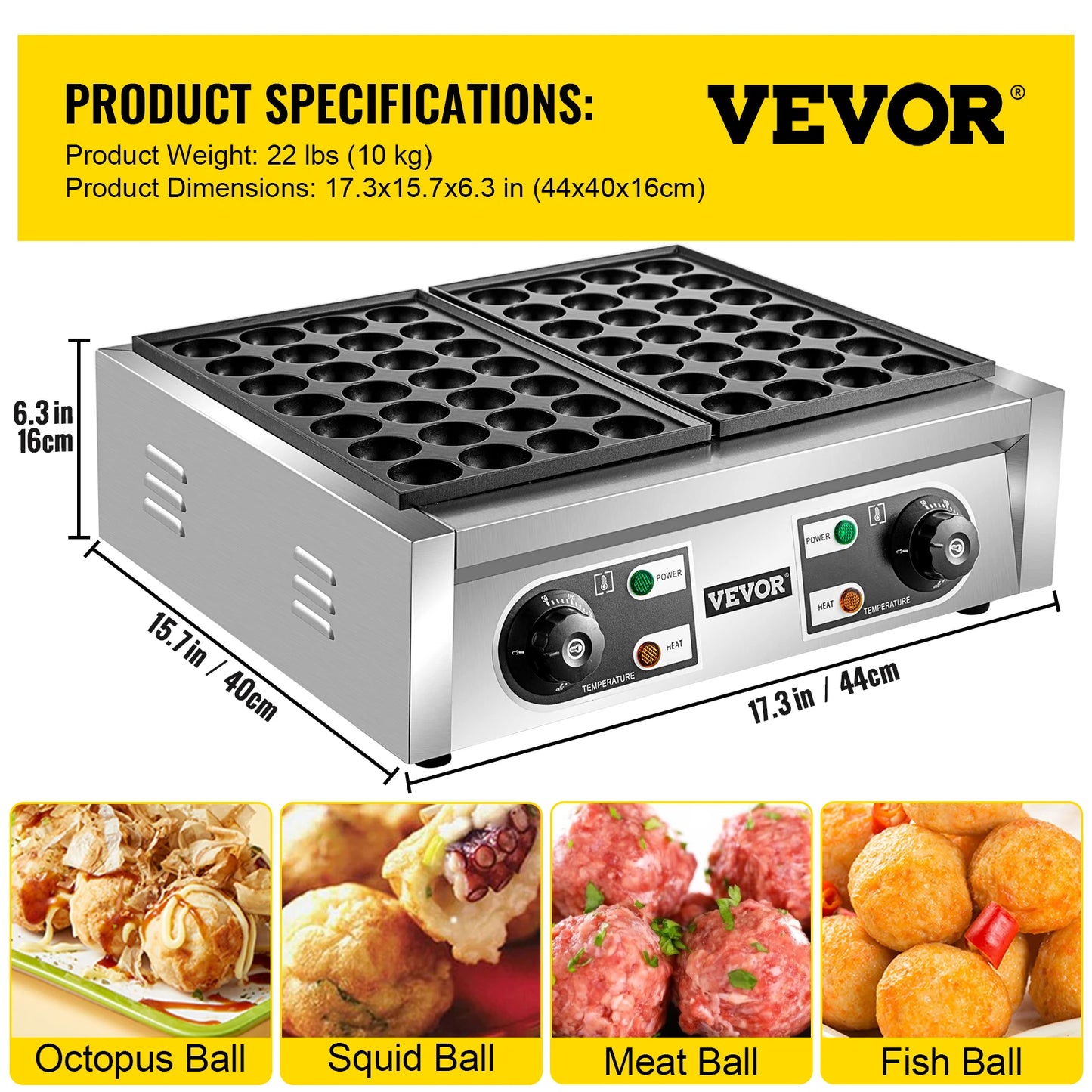 VEVOR 56 – Machine électrique commerciale pour boules de poisson poulpe, Takoyaki, Double plaque de cuisson, gril domestique antiadhésif