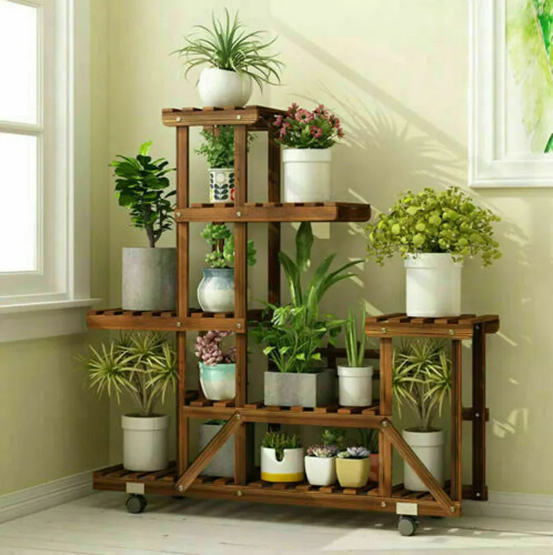 UNHO support de plante en bois avec roues multi-couche roulant plante fleur présentoir intérieur mobile stockage support étagères extérieur fo