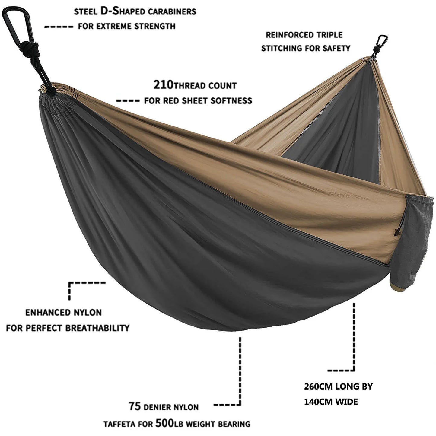 Hamac Parachute de couleur unie avec sangles de hamac et mousqueton noir Camping survie voyage mobilier d'extérieur pour deux personnes