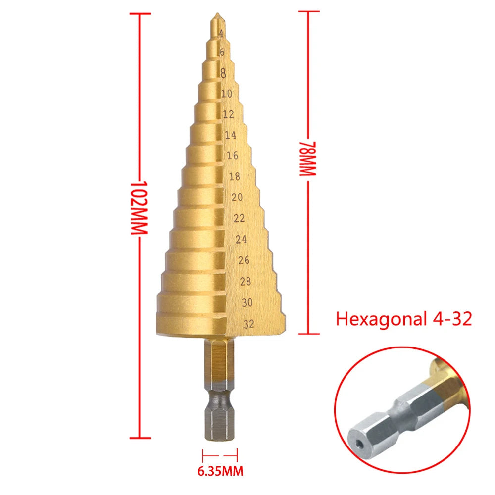 4-32 mm 4-20 mm HSS Broca escalonada recubierta de titanio Herramienta de perforación cónica cortadora de agujeros de madera y metal de acero de alta velocidad