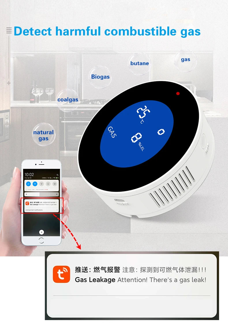 PGST Tuya WiFi détecteur de fuite de gaz naturel intelligent moniteur d'alarme affichage numérique de la température LCD capteur de gaz pour la cuisine à domicile